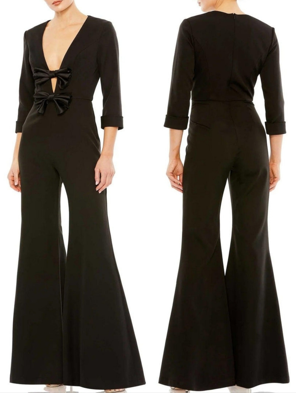 Ieena for Mac Duggal 27033 Black Wide Leg Deep V-Neck Bow Formal Jumpsuit 2 NWT